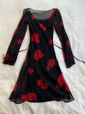 Realsation par The Celeste in raven dress with sheer sleeves and red rose print